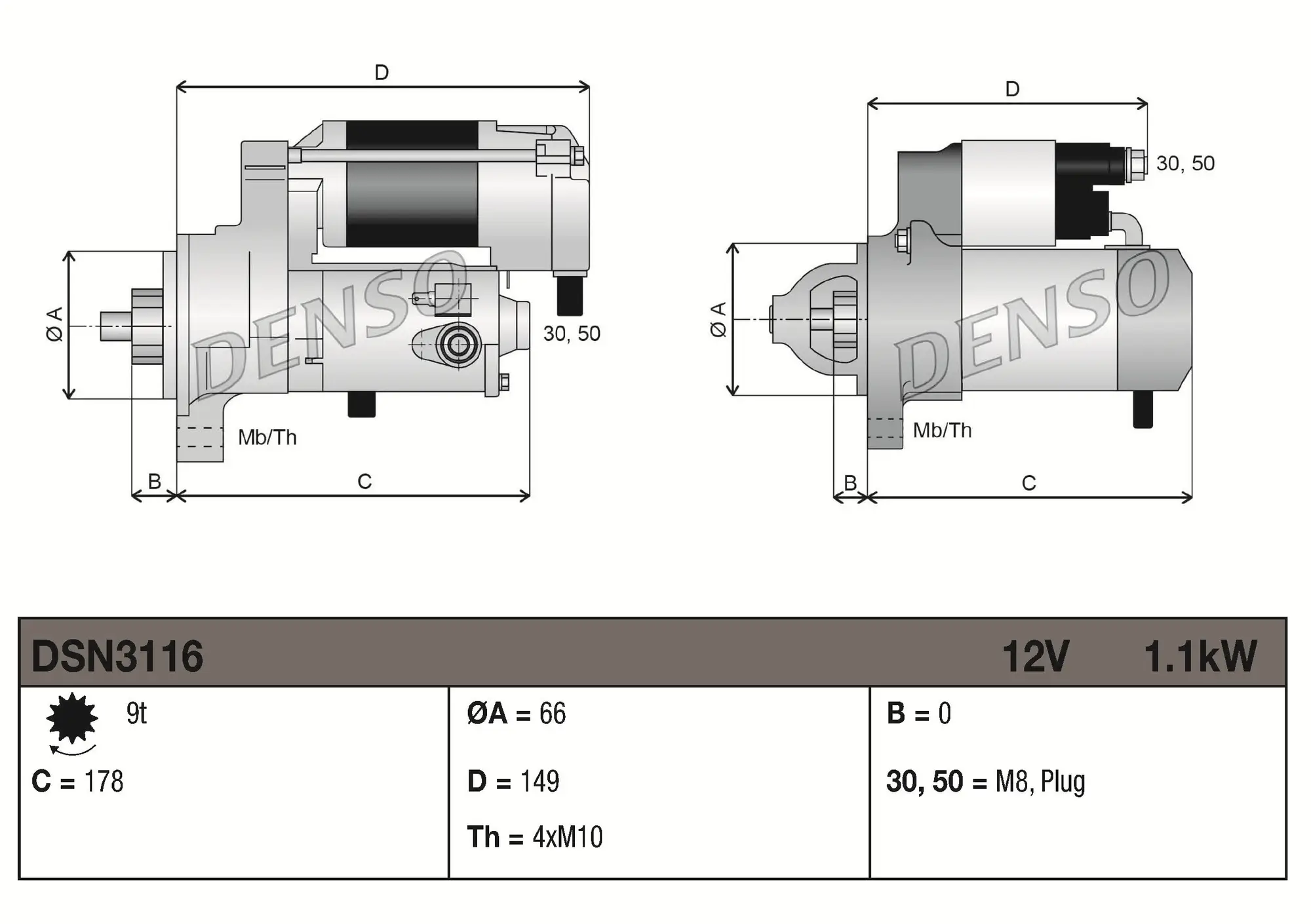 Starter 12 V 1,1 kW DENSO DSN3116