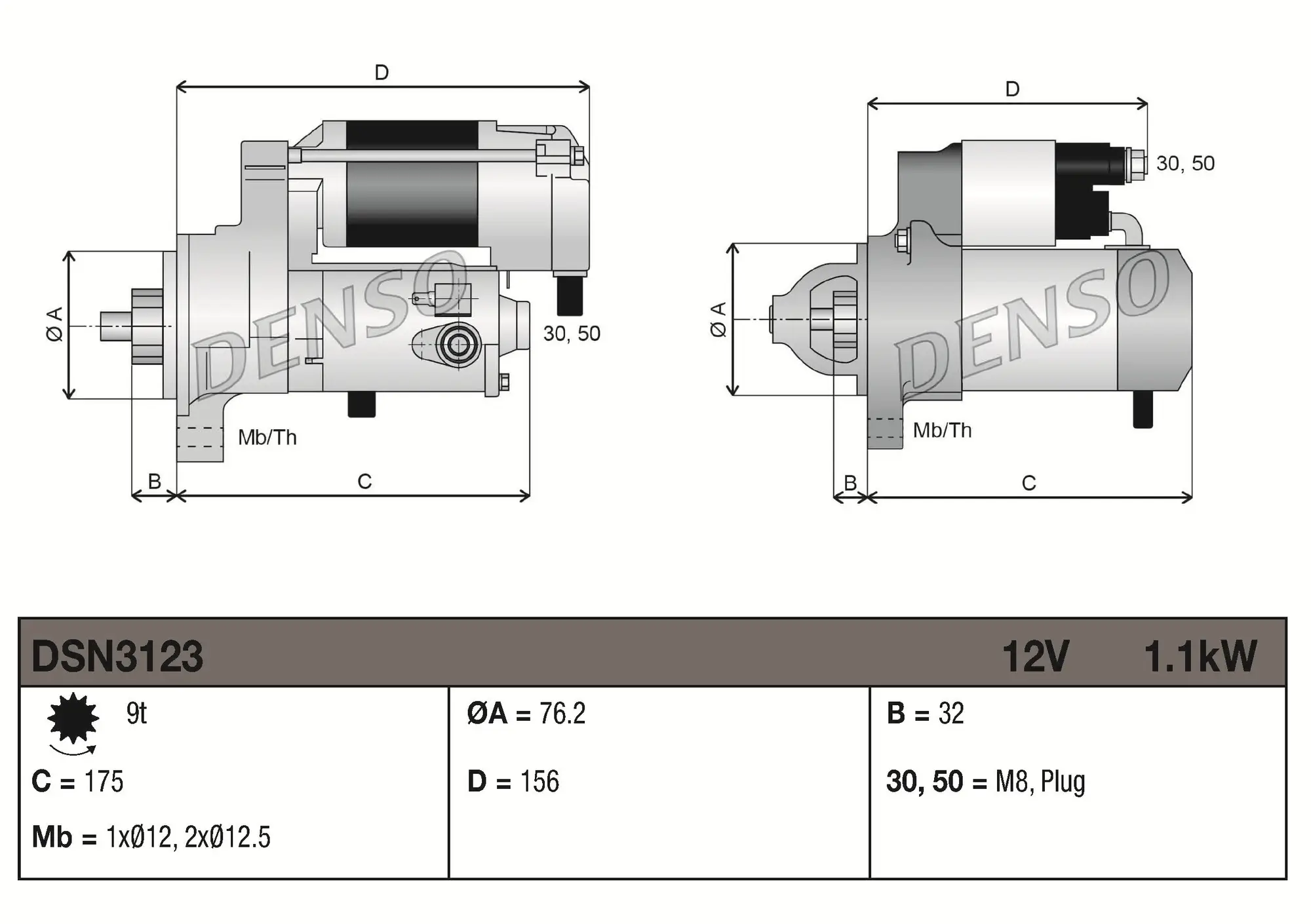 Starter 12 V 1,1 kW DENSO DSN3123