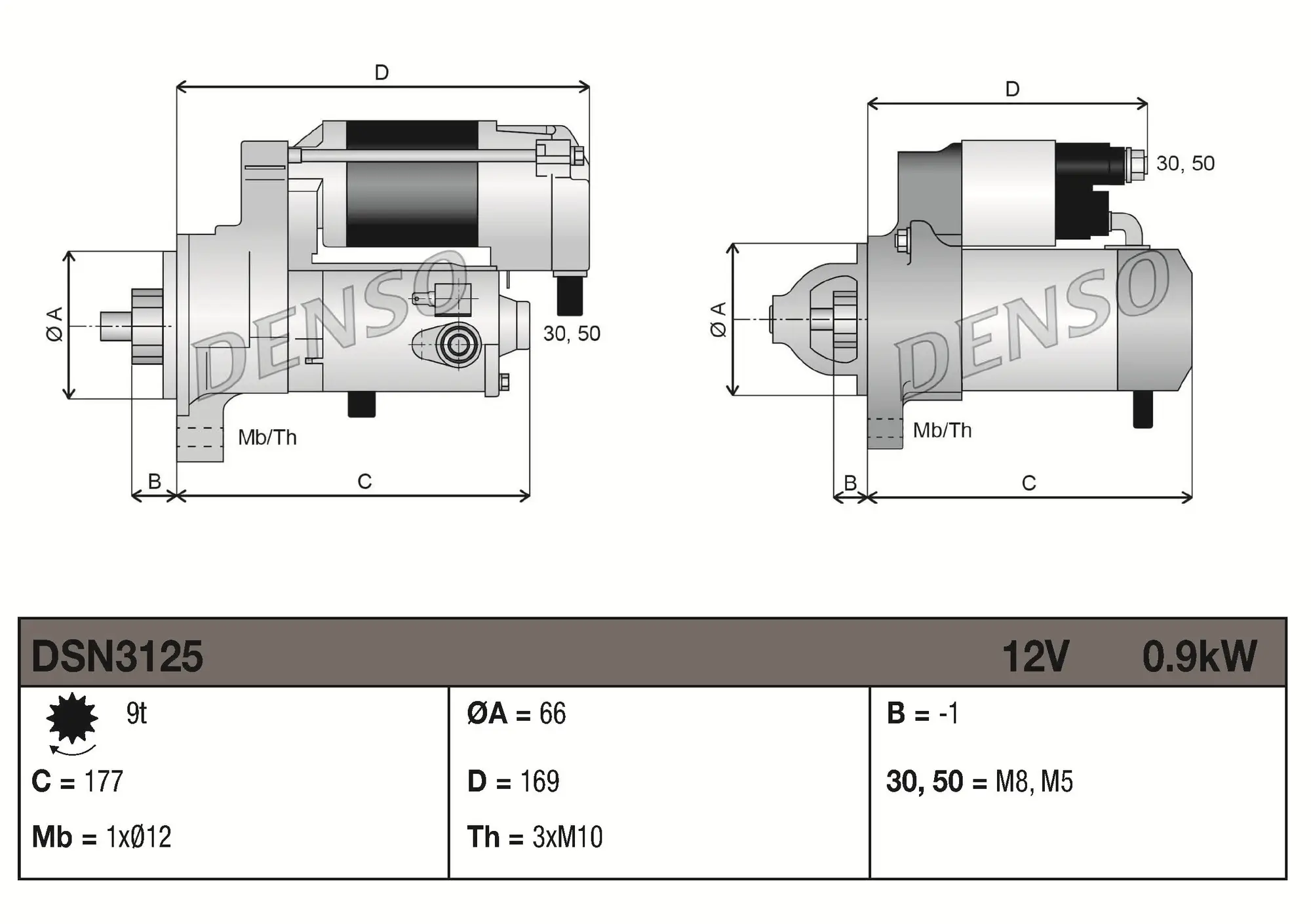 Starter 12 V 0,9 kW DENSO DSN3125
