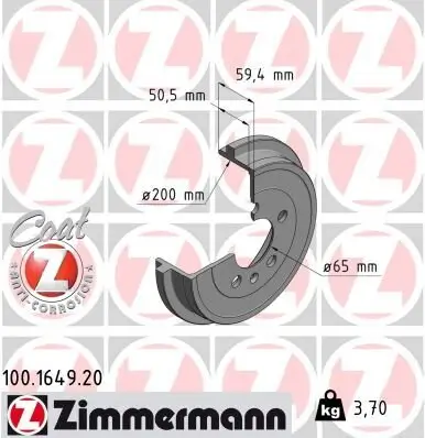 Bremstrommel ZIMMERMANN 100.1649.20 Bild Bremstrommel ZIMMERMANN 100.1649.20