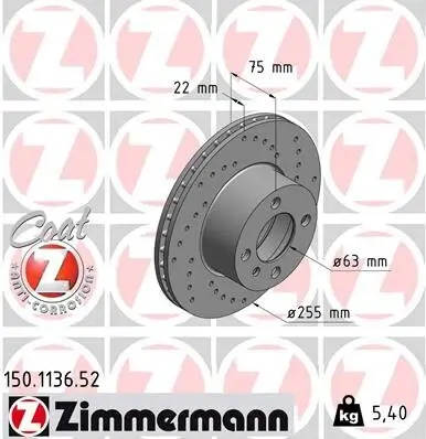 Bremsscheibe Vorderachse ZIMMERMANN 150.1136.52 Bild Bremsscheibe Vorderachse ZIMMERMANN 150.1136.52