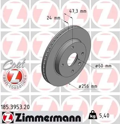 Bremsscheibe Vorderachse ZIMMERMANN 185.3953.20 Bild Bremsscheibe Vorderachse ZIMMERMANN 185.3953.20
