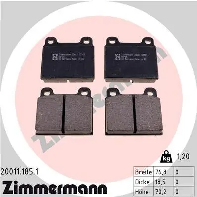 Bremsbelagsatz, Scheibenbremse Vorderachse ZIMMERMANN 20011.185.1 Bild Bremsbelagsatz, Scheibenbremse Vorderachse ZIMMERMANN 20011.185.1