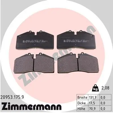 Bremsbelagsatz, Scheibenbremse ZIMMERMANN 20953.175.9 Bild Bremsbelagsatz, Scheibenbremse ZIMMERMANN 20953.175.9