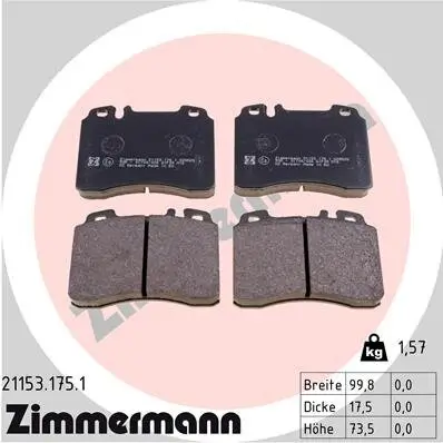 Bremsbelagsatz, Scheibenbremse Vorderachse ZIMMERMANN 21153.175.1 Bild Bremsbelagsatz, Scheibenbremse Vorderachse ZIMMERMANN 21153.175.1