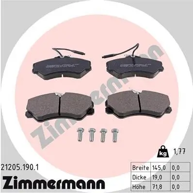 Bremsbelagsatz, Scheibenbremse Vorderachse ZIMMERMANN 21205.190.1 Bild Bremsbelagsatz, Scheibenbremse Vorderachse ZIMMERMANN 21205.190.1