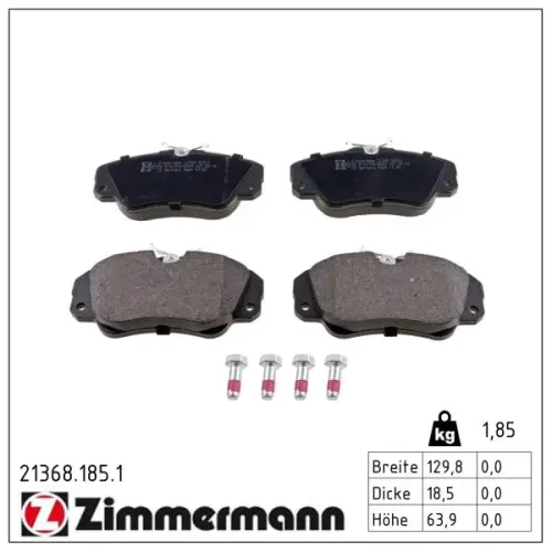 Bremsbelagsatz, Scheibenbremse Vorderachse ZIMMERMANN 21368.185.1 Bild Bremsbelagsatz, Scheibenbremse Vorderachse ZIMMERMANN 21368.185.1