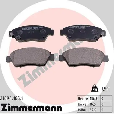 Bremsbelagsatz, Scheibenbremse Vorderachse ZIMMERMANN 21694.165.1 Bild Bremsbelagsatz, Scheibenbremse Vorderachse ZIMMERMANN 21694.165.1