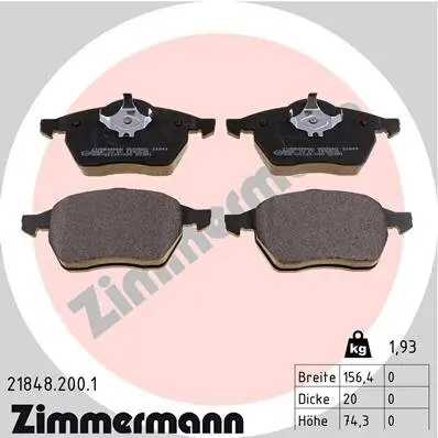 Bremsbelagsatz, Scheibenbremse Vorderachse ZIMMERMANN 21848.200.1 Bild Bremsbelagsatz, Scheibenbremse Vorderachse ZIMMERMANN 21848.200.1