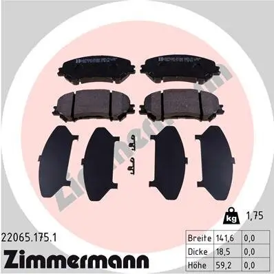 Bremsbelagsatz, Scheibenbremse Vorderachse ZIMMERMANN 22065.175.1 Bild Bremsbelagsatz, Scheibenbremse Vorderachse ZIMMERMANN 22065.175.1