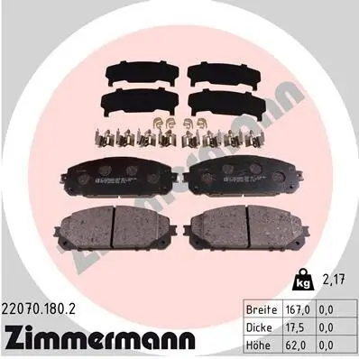 Bremsbelagsatz, Scheibenbremse Vorderachse ZIMMERMANN 22070.180.2 Bild Bremsbelagsatz, Scheibenbremse Vorderachse ZIMMERMANN 22070.180.2