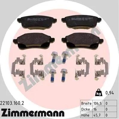 Bremsbelagsatz, Scheibenbremse Hinterachse ZIMMERMANN 22103.160.2 Bild Bremsbelagsatz, Scheibenbremse Hinterachse ZIMMERMANN 22103.160.2