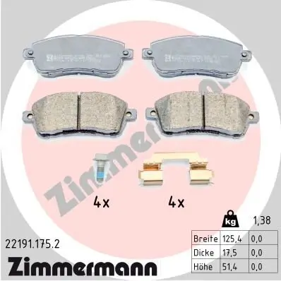 Bremsbelagsatz, Scheibenbremse Vorderachse ZIMMERMANN 22191.175.2 Bild Bremsbelagsatz, Scheibenbremse Vorderachse ZIMMERMANN 22191.175.2