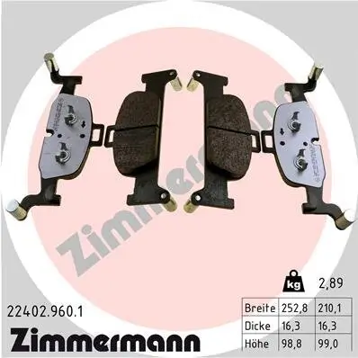 Bremsbelagsatz, Scheibenbremse Vorderachse ZIMMERMANN 22402.960.1 Bild Bremsbelagsatz, Scheibenbremse Vorderachse ZIMMERMANN 22402.960.1