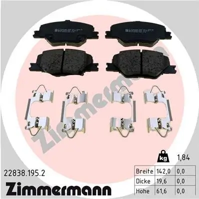 Bremsbelagsatz, Scheibenbremse Vorderachse ZIMMERMANN 22838.195.2 Bild Bremsbelagsatz, Scheibenbremse Vorderachse ZIMMERMANN 22838.195.2