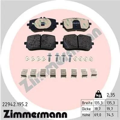 Bremsbelagsatz, Scheibenbremse Vorderachse ZIMMERMANN 22942.195.2 Bild Bremsbelagsatz, Scheibenbremse Vorderachse ZIMMERMANN 22942.195.2