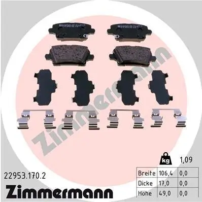 Bremsbelagsatz, Scheibenbremse Hinterachse ZIMMERMANN 22953.170.2 Bild Bremsbelagsatz, Scheibenbremse Hinterachse ZIMMERMANN 22953.170.2