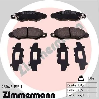 Bremsbelagsatz, Scheibenbremse Vorderachse ZIMMERMANN 23046.155.1 Bild Bremsbelagsatz, Scheibenbremse Vorderachse ZIMMERMANN 23046.155.1