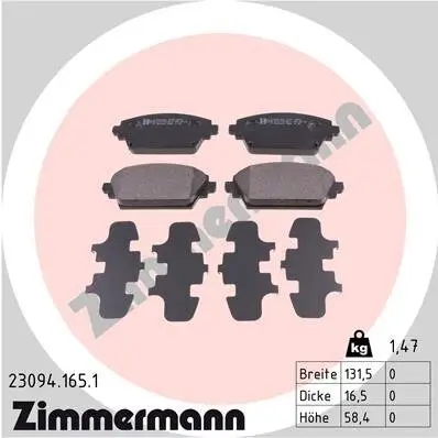 Bremsbelagsatz, Scheibenbremse Vorderachse ZIMMERMANN 23094.165.1 Bild Bremsbelagsatz, Scheibenbremse Vorderachse ZIMMERMANN 23094.165.1