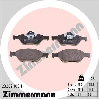 Bremsbelagsatz, Scheibenbremse Vorderachse ZIMMERMANN 23202.185.1 Bild Bremsbelagsatz, Scheibenbremse Vorderachse ZIMMERMANN 23202.185.1