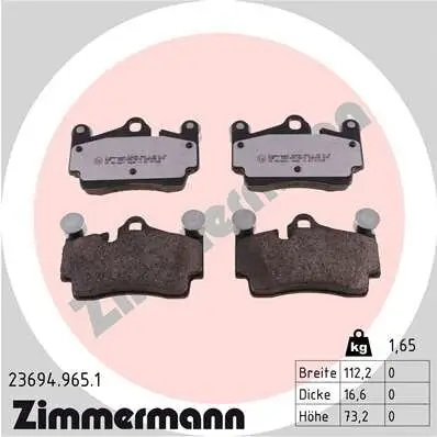 Bremsbelagsatz, Scheibenbremse Hinterachse ZIMMERMANN 23694.965.1 Bild Bremsbelagsatz, Scheibenbremse Hinterachse ZIMMERMANN 23694.965.1