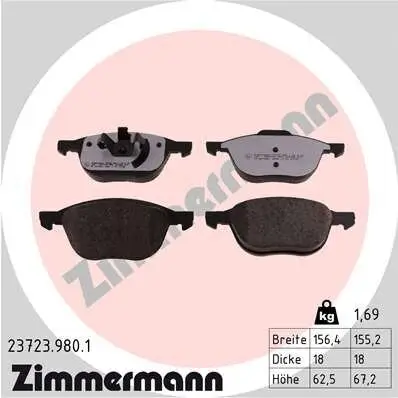 Bremsbelagsatz, Scheibenbremse Vorderachse ZIMMERMANN 23723.980.1 Bild Bremsbelagsatz, Scheibenbremse Vorderachse ZIMMERMANN 23723.980.1