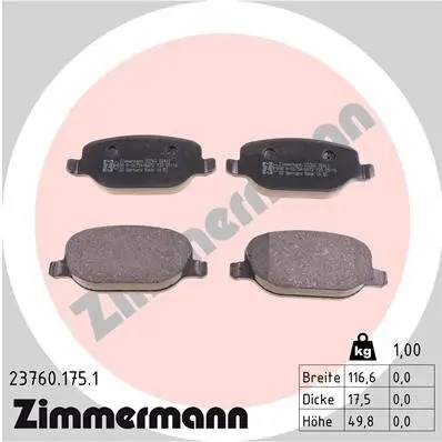 Bremsbelagsatz, Scheibenbremse Hinterachse ZIMMERMANN 23760.175.1 Bild Bremsbelagsatz, Scheibenbremse Hinterachse ZIMMERMANN 23760.175.1