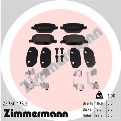 Bremsbelagsatz, Scheibenbremse Hinterachse ZIMMERMANN 23760.175.2 Bild Bremsbelagsatz, Scheibenbremse Hinterachse ZIMMERMANN 23760.175.2