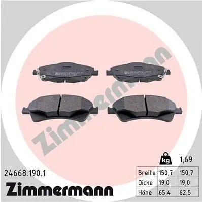 Bremsbelagsatz, Scheibenbremse Vorderachse ZIMMERMANN 24668.190.1 Bild Bremsbelagsatz, Scheibenbremse Vorderachse ZIMMERMANN 24668.190.1