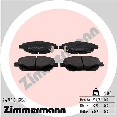 Bremsbelagsatz, Scheibenbremse Vorderachse ZIMMERMANN 24946.195.1 Bild Bremsbelagsatz, Scheibenbremse Vorderachse ZIMMERMANN 24946.195.1