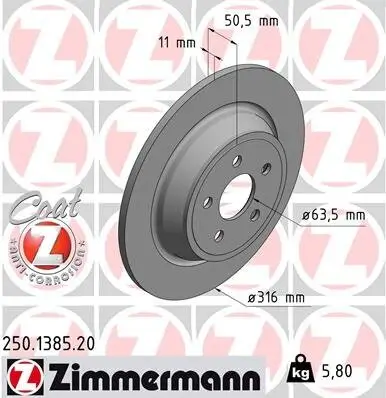 Bremsscheibe Hinterachse ZIMMERMANN 250.1385.20 Bild Bremsscheibe Hinterachse ZIMMERMANN 250.1385.20