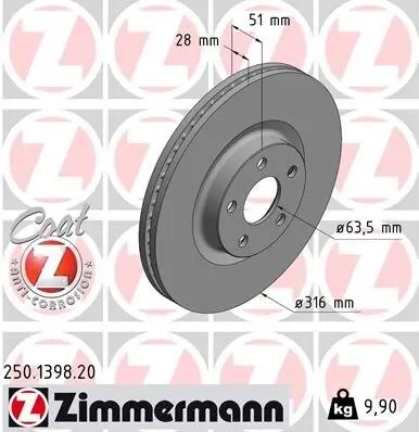 Bremsscheibe ZIMMERMANN 250.1398.20 Bild Bremsscheibe ZIMMERMANN 250.1398.20