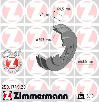 Bremstrommel Hinterachse ZIMMERMANN 250.1749.20 Bild Bremstrommel Hinterachse ZIMMERMANN 250.1749.20