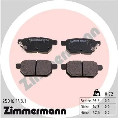 Bremsbelagsatz, Scheibenbremse Hinterachse ZIMMERMANN 25016.143.1 Bild Bremsbelagsatz, Scheibenbremse Hinterachse ZIMMERMANN 25016.143.1