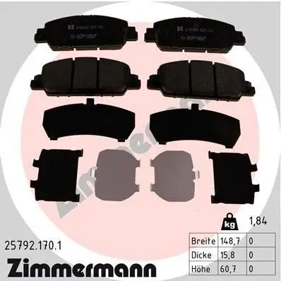 Bremsbelagsatz, Scheibenbremse Vorderachse ZIMMERMANN 25792.170.1 Bild Bremsbelagsatz, Scheibenbremse Vorderachse ZIMMERMANN 25792.170.1