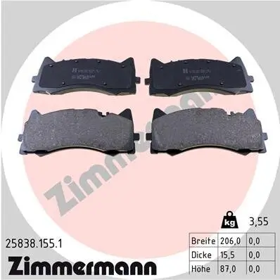 Bremsbelagsatz, Scheibenbremse Vorderachse ZIMMERMANN 25838.155.1 Bild Bremsbelagsatz, Scheibenbremse Vorderachse ZIMMERMANN 25838.155.1
