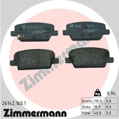 Bremsbelagsatz, Scheibenbremse ZIMMERMANN 26142.160.1 Bild Bremsbelagsatz, Scheibenbremse ZIMMERMANN 26142.160.1