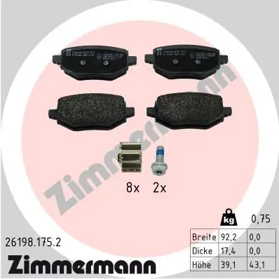 Bremsbelagsatz, Scheibenbremse Hinterachse ZIMMERMANN 26198.175.2 Bild Bremsbelagsatz, Scheibenbremse Hinterachse ZIMMERMANN 26198.175.2