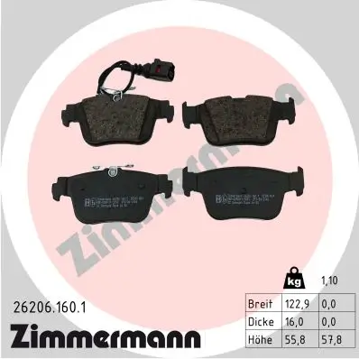 Bremsbelagsatz, Scheibenbremse Hinterachse ZIMMERMANN 26206.160.1 Bild Bremsbelagsatz, Scheibenbremse Hinterachse ZIMMERMANN 26206.160.1
