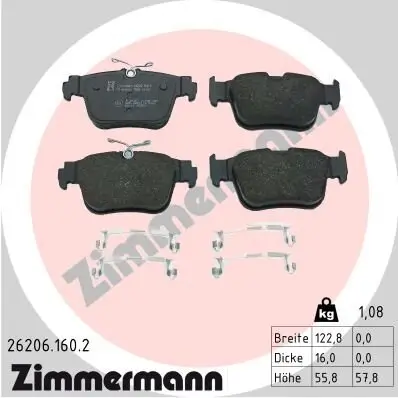 Bremsbelagsatz, Scheibenbremse Hinterachse ZIMMERMANN 26206.160.2 Bild Bremsbelagsatz, Scheibenbremse Hinterachse ZIMMERMANN 26206.160.2