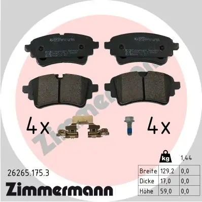 Bremsbelagsatz, Scheibenbremse Hinterachse ZIMMERMANN 26265.175.3 Bild Bremsbelagsatz, Scheibenbremse Hinterachse ZIMMERMANN 26265.175.3