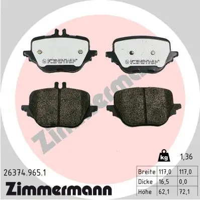 Bremsbelagsatz, Scheibenbremse Hinterachse ZIMMERMANN 26374.965.1 Bild Bremsbelagsatz, Scheibenbremse Hinterachse ZIMMERMANN 26374.965.1