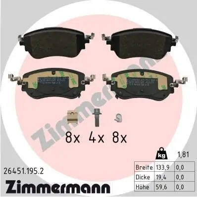 Bremsbelagsatz, Scheibenbremse Vorderachse ZIMMERMANN 26451.195.2 Bild Bremsbelagsatz, Scheibenbremse Vorderachse ZIMMERMANN 26451.195.2