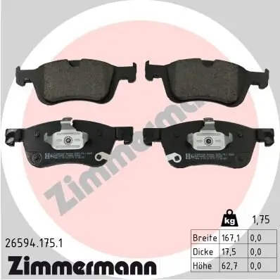 Bremsbelagsatz, Scheibenbremse Vorderachse ZIMMERMANN 26594.175.1 Bild Bremsbelagsatz, Scheibenbremse Vorderachse ZIMMERMANN 26594.175.1