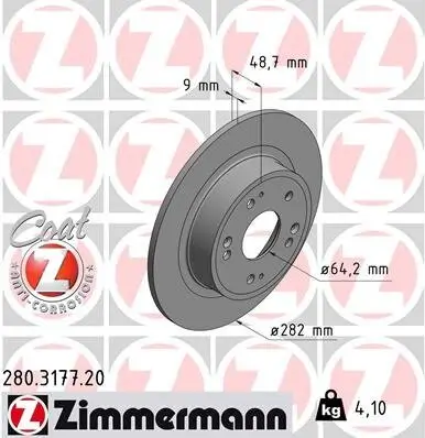 Bremsscheibe Hinterachse ZIMMERMANN 280.3177.20 Bild Bremsscheibe Hinterachse ZIMMERMANN 280.3177.20