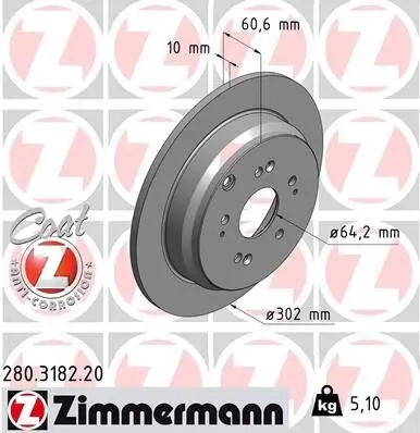 Bremsscheibe Hinterachse ZIMMERMANN 280.3182.20 Bild Bremsscheibe Hinterachse ZIMMERMANN 280.3182.20