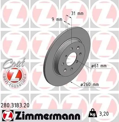 Bremsscheibe Hinterachse ZIMMERMANN 280.3183.20 Bild Bremsscheibe Hinterachse ZIMMERMANN 280.3183.20