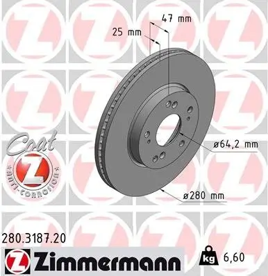 Bremsscheibe Vorderachse ZIMMERMANN 280.3187.20 Bild Bremsscheibe Vorderachse ZIMMERMANN 280.3187.20