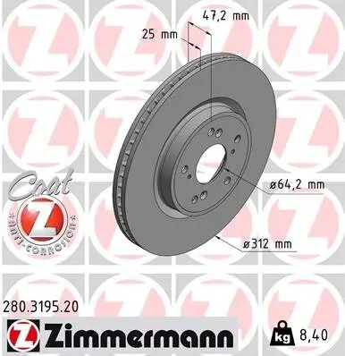Bremsscheibe Vorderachse ZIMMERMANN 280.3195.20 Bild Bremsscheibe Vorderachse ZIMMERMANN 280.3195.20