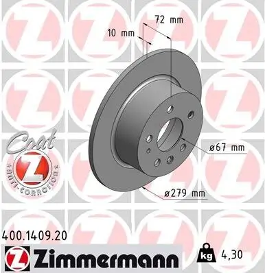 Bremsscheibe Hinterachse ZIMMERMANN 400.1409.20 Bild Bremsscheibe Hinterachse ZIMMERMANN 400.1409.20